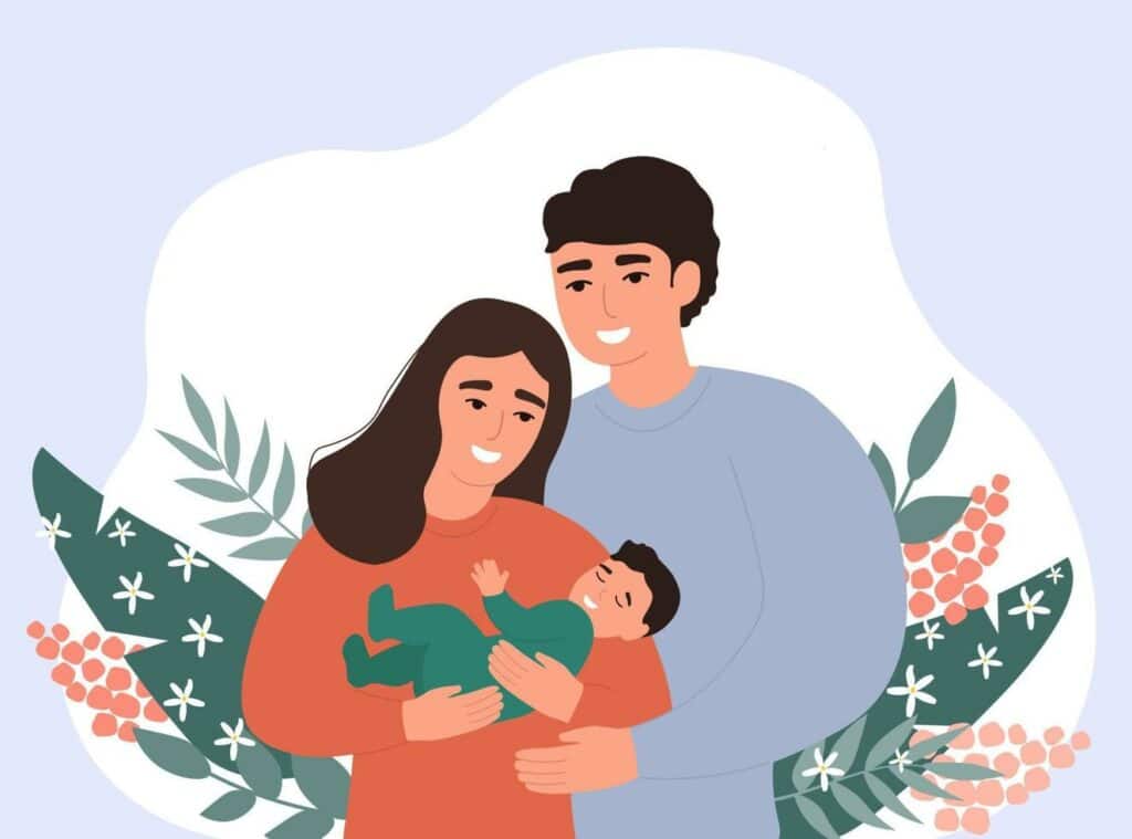 illustration de deux parents et de leurs enfants dans leurs bras