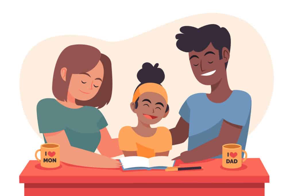 deux parents qui font les devoirs avec leur enfant