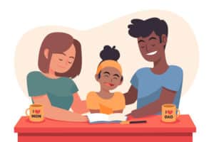 deux parents qui font les devoirs avec leur enfant