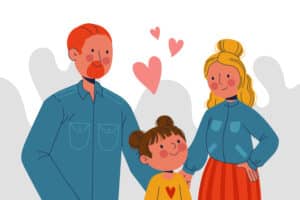 Une enfant avec ses parents, des coeurs au dessus de leur têtes, qui favorisent son autonomie
