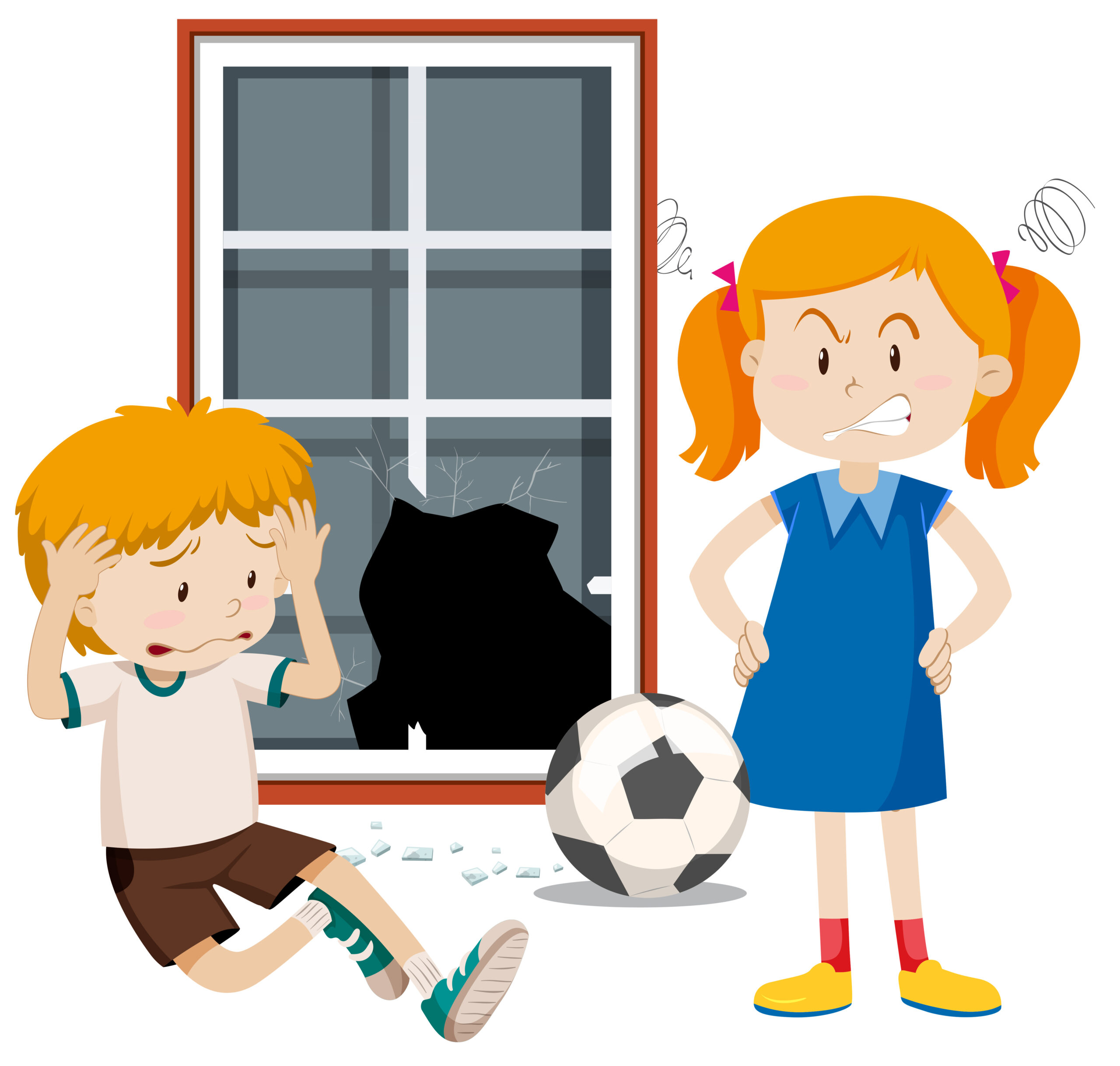 Un dessin de deux enfants, se disputant car l'un d'entre eux à cassé la fenêtre avec son ballon