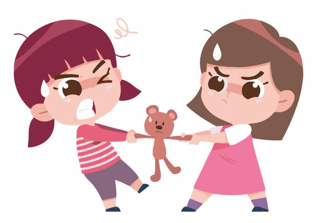 Deux jeunes filles se disputant pour un ours en peluche, chacune tirant un bras, le tout dans un style cartoonesque