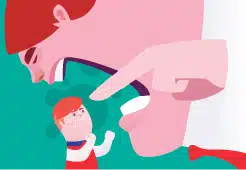 Père grondant son enfant, représentant l'autorité punitive, inverse aux idées de la parentalité positive.