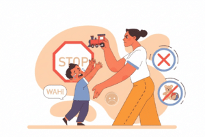 Illustration d'une mère retirant un jouet à son fils pour le punir